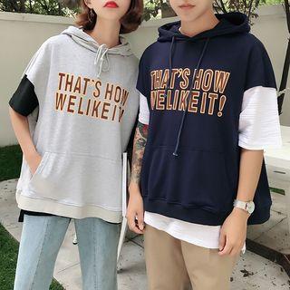 Couple Matching Cap-sleeve Hooded Lettering Top