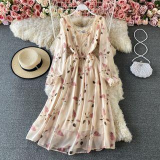 Square Neck Chiffon Flower Print Dress