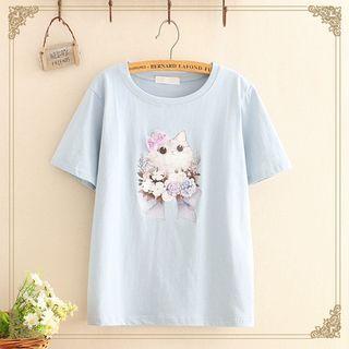 Cat Print Round-neck Top