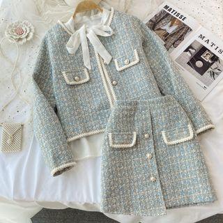 Set: Contrast Trim Tweed Jacket + Skirt + Shirt