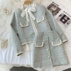 Set: Contrast Trim Tweed Jacket + Skirt + Shirt