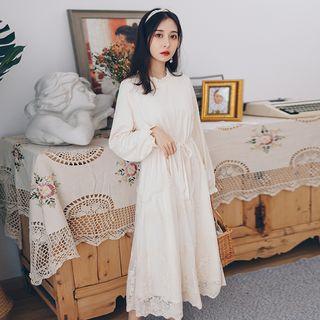 Lace Panel Long-sleeve Midi A-line Dress Almond - One Size