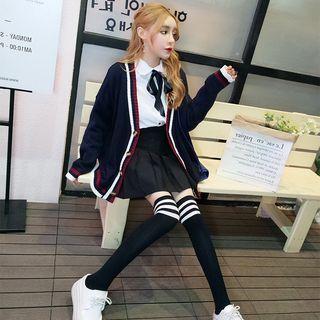 Contrast Trim Cardigan / Long-sleeve Shirt / A-line Mini Pleated Skirt / Set