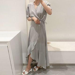 Ruffle Hem Short-sleeve Maxi A-line Dress Grayish Blue - One Size