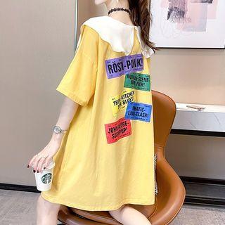 Elbow-sleeve Ribbon Print Mini T-shirt Dress