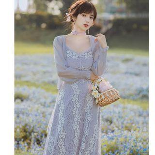 Set: Spaghetti Strap Midi A-line Lace Dress + Jacket