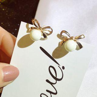 Alloy Bow Faux Pearl Earring 1 Pair - As Shown In Figure - One Size