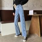 High-waist Washed Embroider Split Jeans
