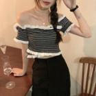 Short-sleeve Striped Off-shoulder Crop Top Stripes - Black & White - One Size