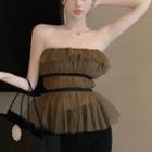 Strapless Ruffle Mesh Top Coffee - One Size