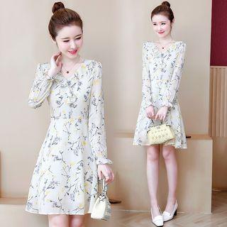 Long-sleeve Ruffled Floral A-line Mini Dress