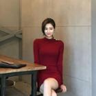 Crew-neck Buttoned-shoulder Bodycon Dress