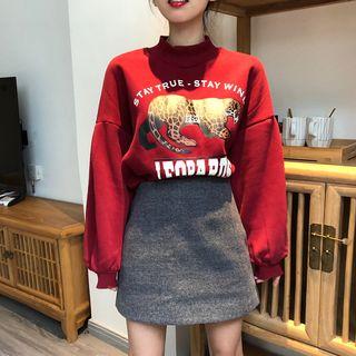 Mock Turtleneck Leopard Print Pullover / Mini A-line Skirt