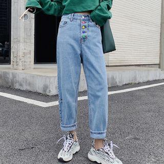 High Waist Rainbow Buttoned Cropped Jeans