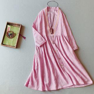 V-neck Long-sleeve Midi A-line Linen Dress