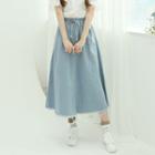 Frayed Denim Long Flare Skirt