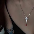 Cross Rhinestone Pendant Alloy Necklace Red Rhinestone - Silver - One Size