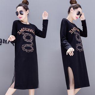 Letter Sequined Long-sleeve Mesh Panel Midi T-shirt Dress