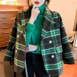 Plaid Blazer / Turtleneck Plain Knit Top