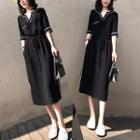 Elbow-sleeve Contrast Trim Midi Dress