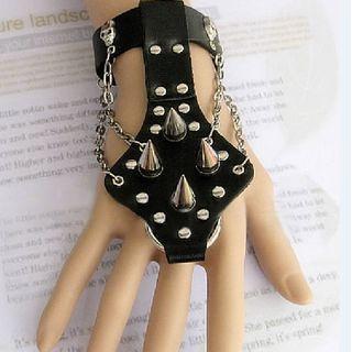 Chain Studded Faux Leather Finger Ring Bracelet