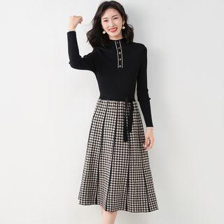 Mock Two-piece Long-sleeve Plaid Knit Midi A-line Dress