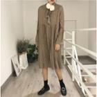 Houndstooth Long-sleeve Tie-neck Accordion Pleat Dress