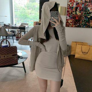Set: Halter Mini Sheath Dress + Zip Hoodie Set - Gray Beige - One Size