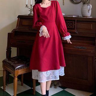 Lace-up Back Lace Panel Midi A-line Dress
