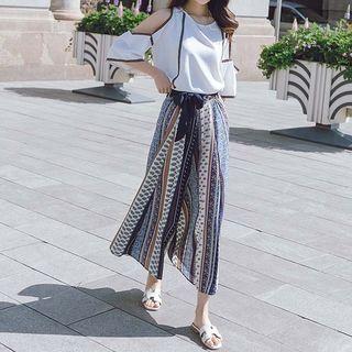 Set: Contrast Trim Cut Out Shoulder Elbow Sleeve Blouse + Patterned Wide Leg Pants