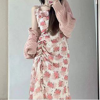 Spaghetti-strap Floral Midi Sundress / Cropped Cardigan