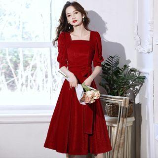 Elbow-sleeve Square-neck Tie-waist Midi A-line Dress