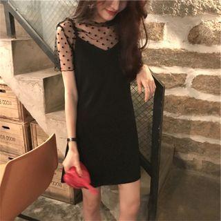 Set: Short-sleeve Mesh Top + Mini A-line Overall Dress