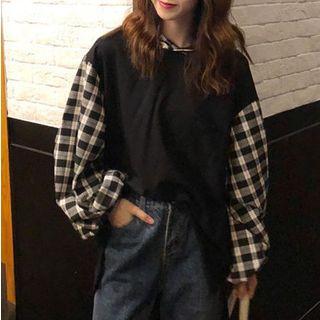 Mock Two-piece Gingham Panel Hoodie