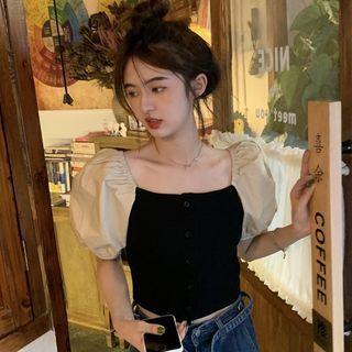 Short-sleeve Two-tone Cropped Blouse