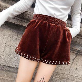 Velvet Beaded Wide-leg Shorts