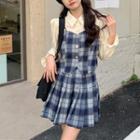 Mock Two-piece Plaid Panel Blouse / Mini A-line Skirt