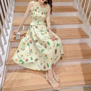 Set: Printed Ruffle Trim Camisole Top + Midi A-line Skirt