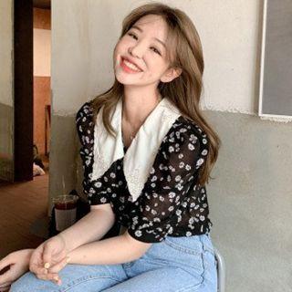 Embroidered Small Daisy Print Puff-sleeve Shirt