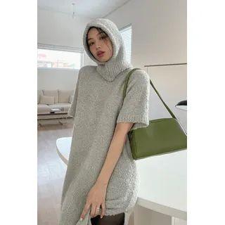 Elbow-sleeve Boucl  Knit Long Dress With Balaclava