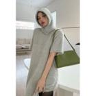 Elbow-sleeve Boucl  Knit Long Dress With Balaclava
