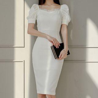 Puff-sleeve Lace Trim Sheath Dress
