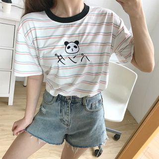 Short-sleeve Striped Panda Embroidered T-shirt