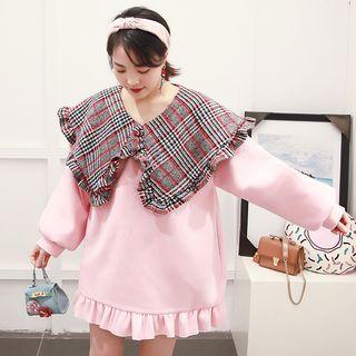 Frill-trim Plaid Panel Mini Pullover Dress