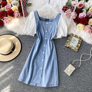 Square-neck Denim Puff Short-sleeve Dress