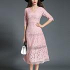 Elbow-sleeved Tie-waist A-line V-neck Panel Lace Long Dress