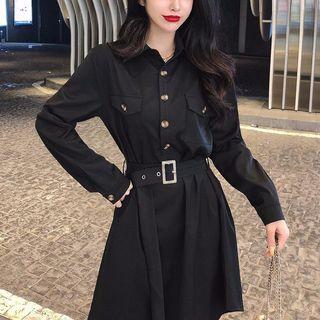 Half-placket Irregular Hem Long-sleeve Shirtdress As Shown In Figure - One Size