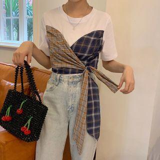 Plaid Panel Tie Waist Short-sleeve T-shirt As Shown In Figure - One Size