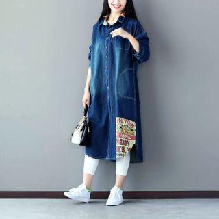 Patched Midi Denim Shirtdress Blue - One Size