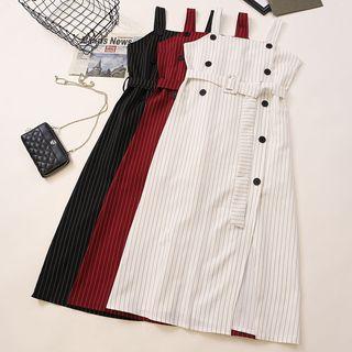 Wide Strap Pinstriped Double-breasted Midi A-line Dress